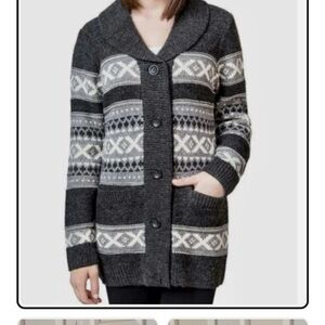 Fair Isle Charcoal & Lt Grey Cardigan Shawl Collar Button Front Pockets Sz M